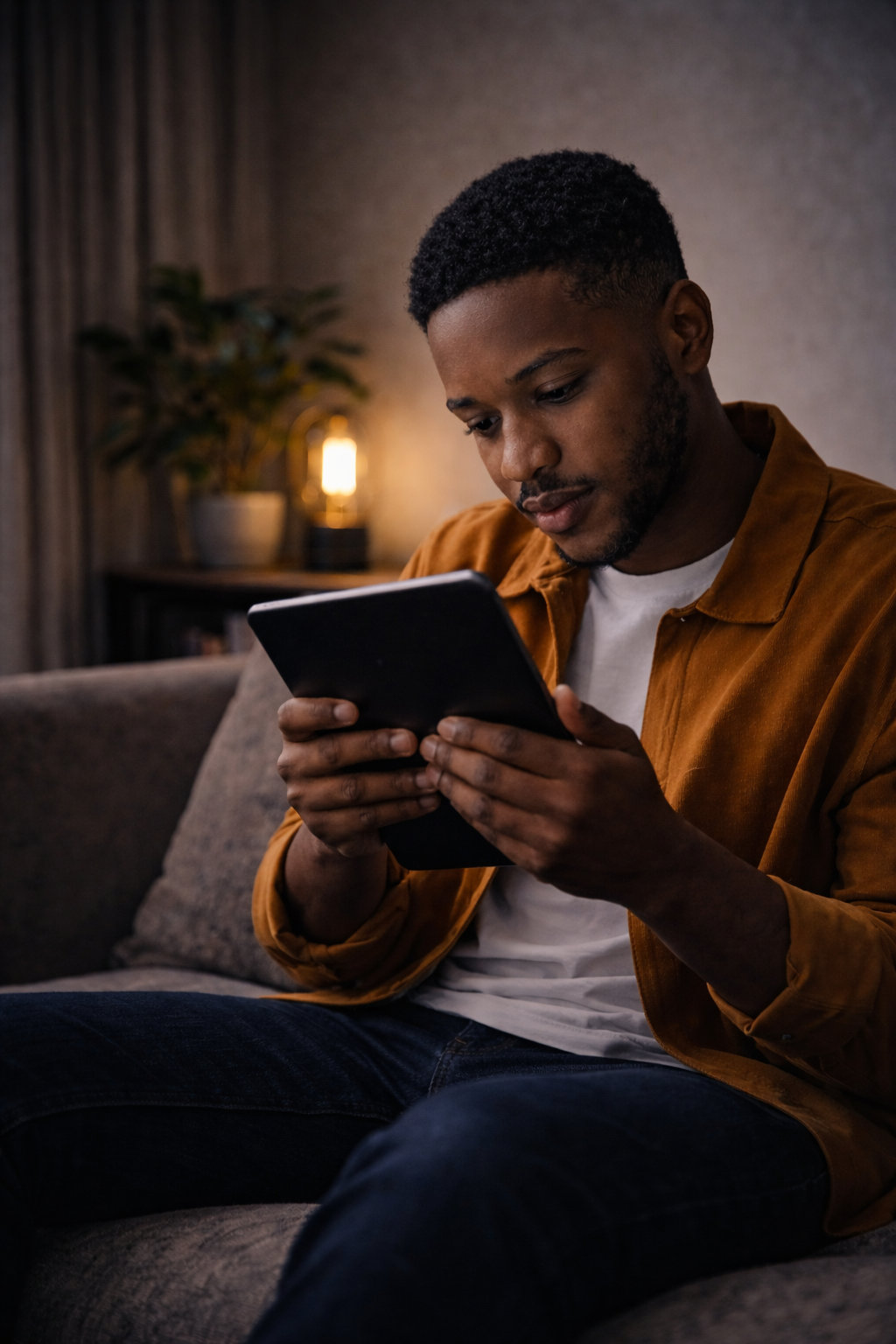 Black man reading an interactive digital notebook on a tablet for Black History education and research-based learning
