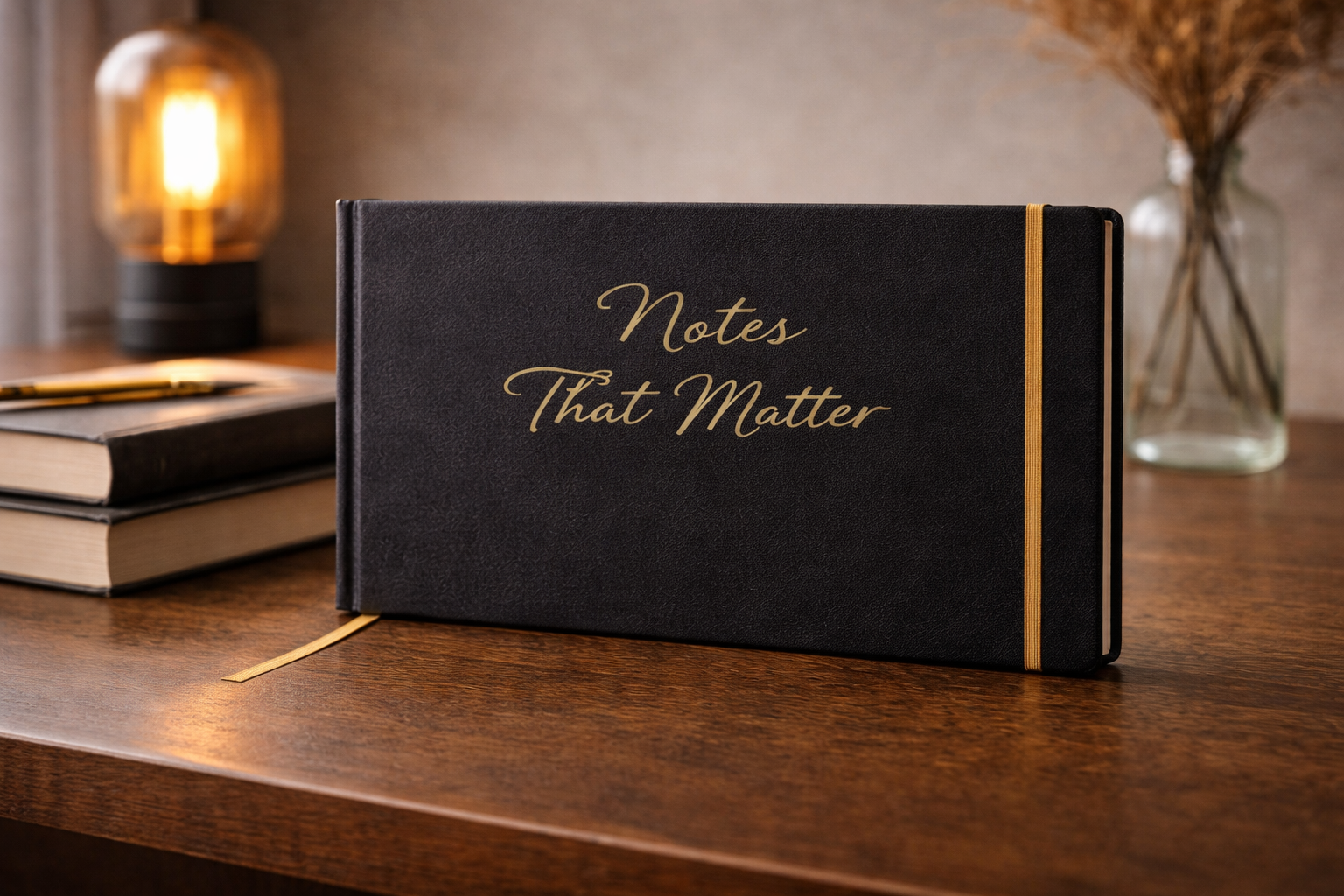 Elegant black notebook with gold lettering "Notes That Matter" on a desk, representing curated digital learning and Black History education resources