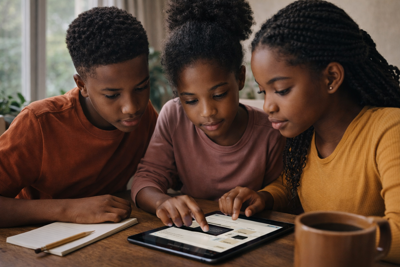 Black students learning together using a tablet, representing interactive digital notebooks and Black History education