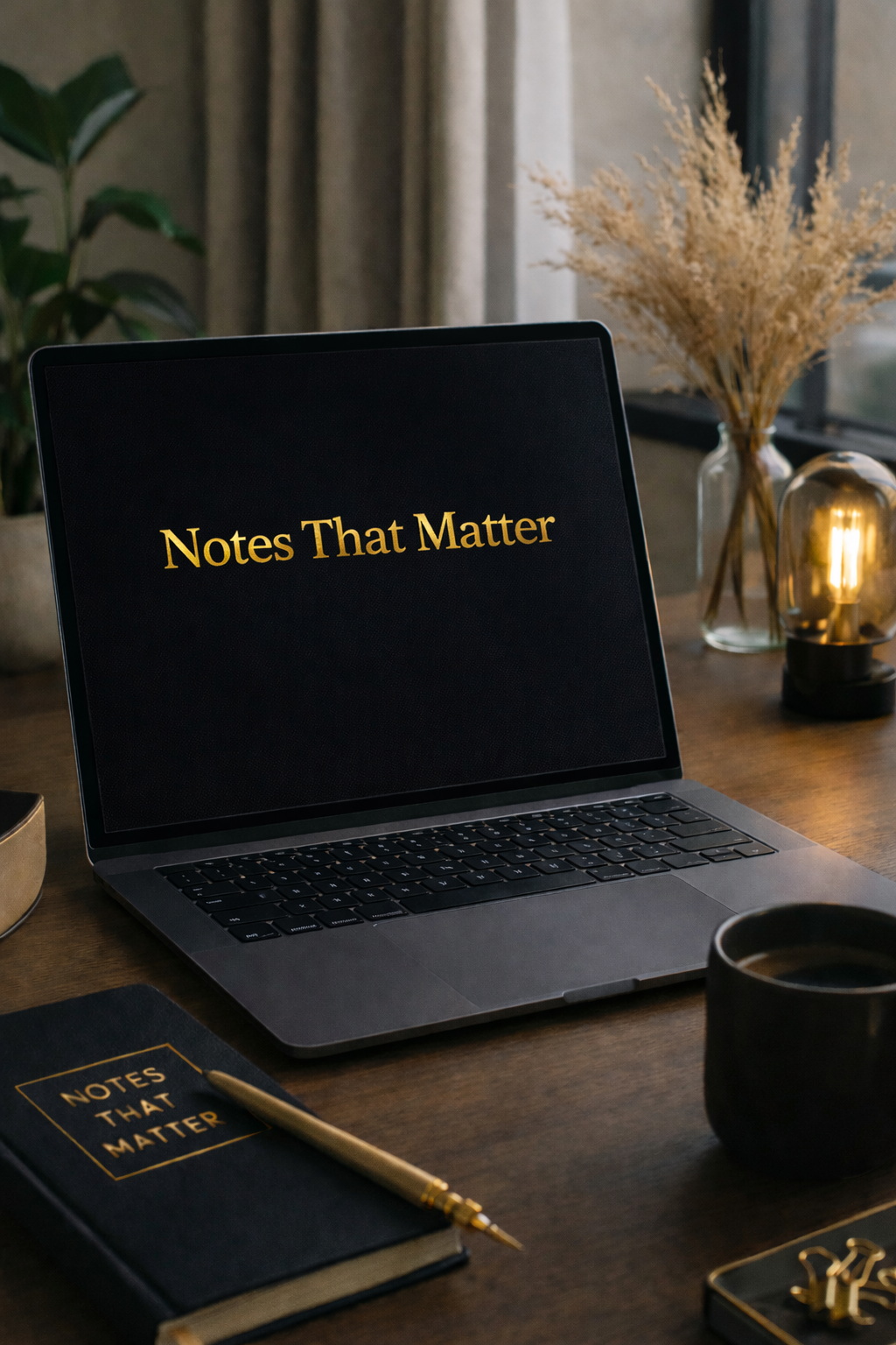 Laptop displaying "Notes That Matter" with a digital notebook and pen on a desk, representing premium Black History digital learning tools